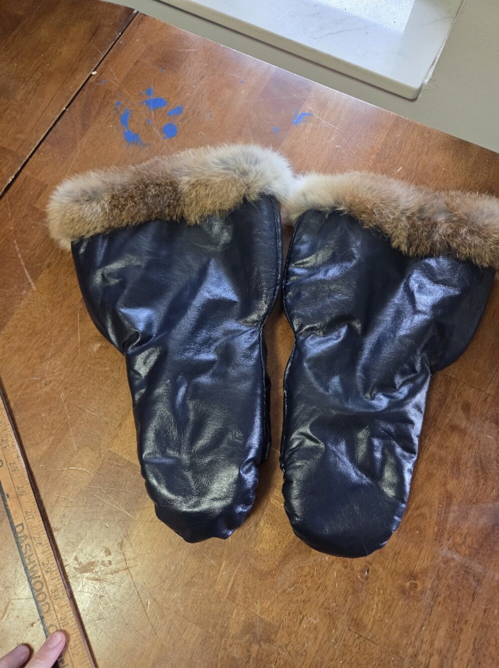Vintage Women's Soft Lambskin Leather Gauntlet Mittens Real Rabbit Fur Trim Blue